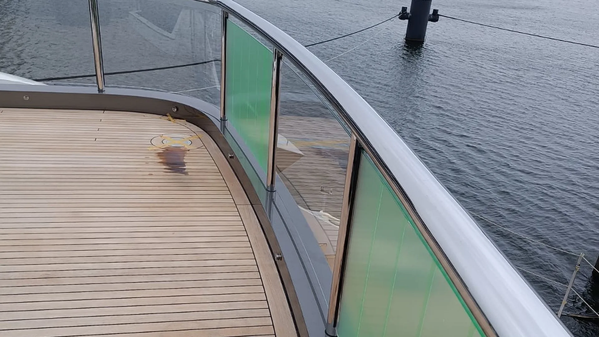 Stainless steel railing detail on a vessel deck